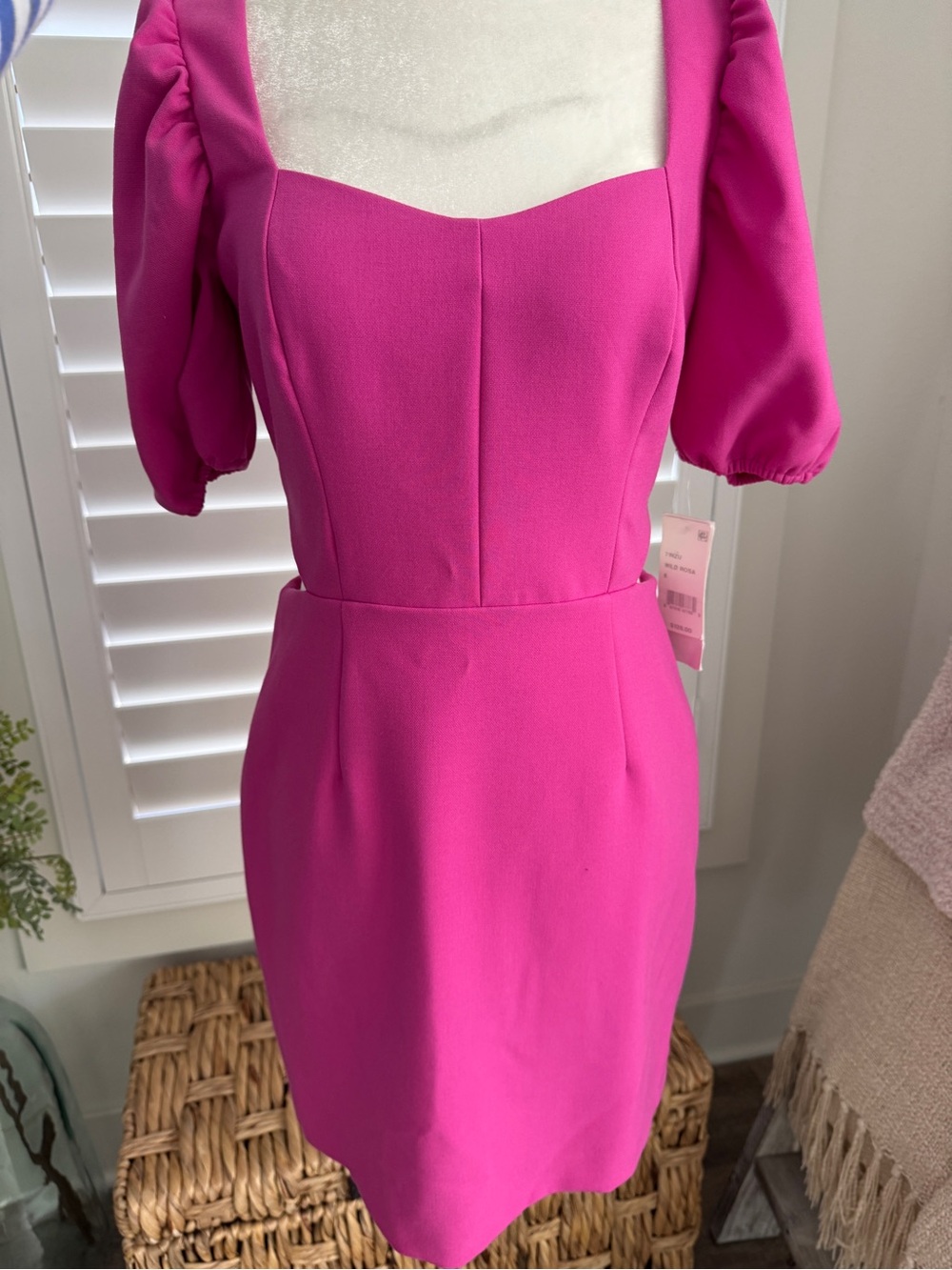 French Connection Hot Pink Sweetheart Puff-Sleeve Mini Dress